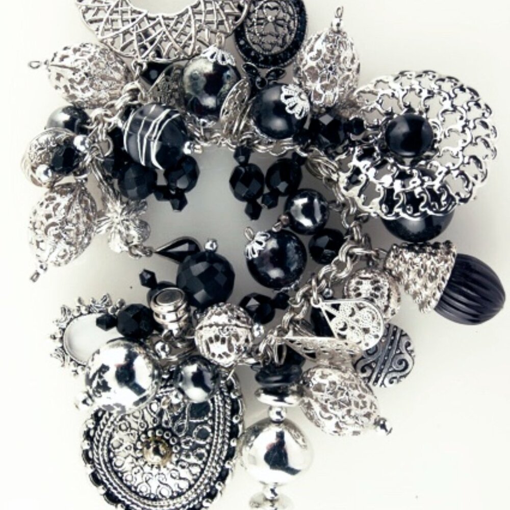 Moroccan - inspired black and silver charm bracelet